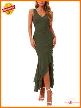 Bodycon Ruched Sleeveless V Neck Solid Maxi Cocktail Wedding Guest Dress